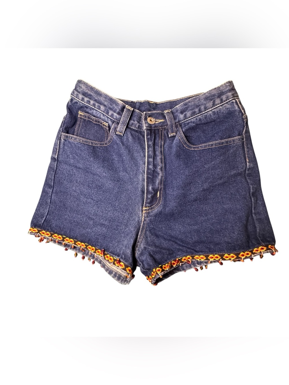 Boom Boom Jeans Dark Blue Denim Shorts with Yellow Floral Trim & Beads